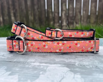 Peach Floral  Dog Collar, Summer Durable Cat Collar, Bright Strong Key Chain Fob, Handmade Garden  Martingale