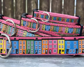 Pink Jelly Bean Row house, Bright East Coast Dog Leash, St. Johns Durable Key Chain Fob, Newfoundland Downtown Pet Gear