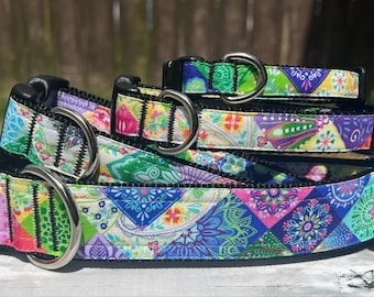 Colorful Quilt Dog Collar , Patchwork Pattern Dog Leash, Cozy 90s style Key Chain Fob, String durable Cat Collar, Cozy Warm Martingale