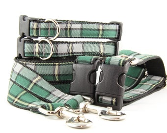 Green tartan plaid dog collar, Cape Breton Provincal Tartan, woven strong safe dog leash, historical bold key fob keychain.
