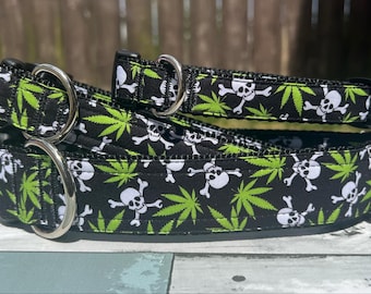 Green Herb Dog Collar,  Plant Smoke Dog Leash, Weed Pot Key Chain Fob, Skull Black Durable Pet Gear