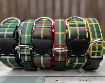 Green tartan plaid dog collar, Newfoundland Canada, woven strong safe dog leash, historical bold key fob keychain.