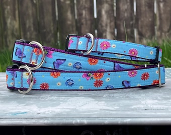 Blue Floral Dog Collar, Butterfly Cheerful Cat Collar, Wildflowers Purple Key Chain Fob, Bright Washable Martingale