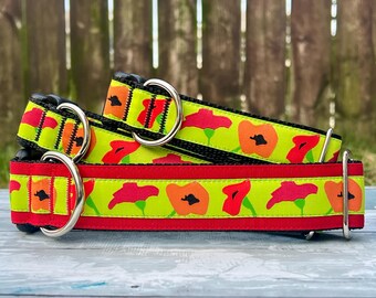 Bright red floral poppy, summer dog collar, sting safe 1” 1.5” dog leash, fun funky flower keychain, lime yellow lead