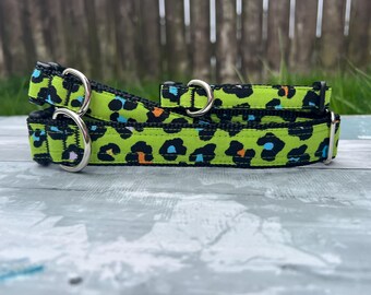 Bright Green Dog Collar, Colorful Leopard Print Cat Collar,  Neon Washable Key Chain Fob, Blue Orange Martingale