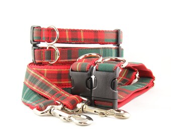 red  green tartan plaid dog collar, New Brunswick Canada, woven strong safe dog leash, historical bold key fob keychain.