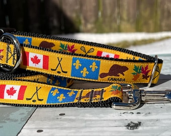 Gold yellow dog collar, Beaver Canada flag leash, safe durable key chain fob, elbows up hockey Iconic cottage.