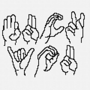 Puede incluir: Ilustración en blanco y negro de manos que deletrean la palabra "LUCK YOU" en el lenguaje de señas americano.