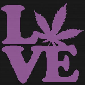 Könnte beinhalten: Lila "LOVE" mit einem Marihuana-Blatt in der Mitte.