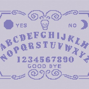 May include: A purple and white ouija board with a skull and crossbones design. The board features the alphabet, numbers 1-9 and 0, and the words "yes", "no", and "good bye".