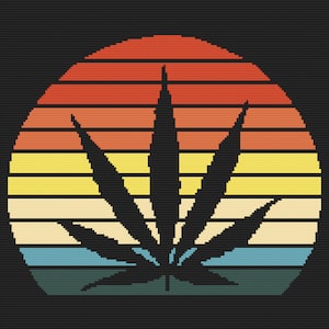 May include: A retro-style sunset with a silhouette of a marijuana leaf in the centre. The sunset is made up of horizontal stripes in shades of red, orange, yellow, blue, and green.