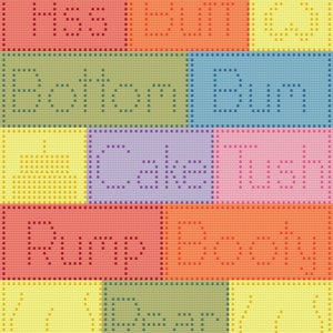 May include: A colorful cross-stitch pattern with the words "Pass", "Best", "Bottom", "Good", "Cake", "Wish", "Run", "Games", "Wear", and "You".
