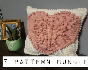 7 Crochet Patterns//Not So Valentine Heart Bobble Pillows//graph and written instructions