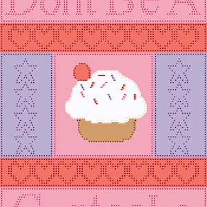 Puede incluir: Gráfico pixelado rosa y morado con el texto "No seas un cupcake" y una magdalena de dibujos animados con glaseado blanco, chispas rojas y una cereza roja en la parte superior.