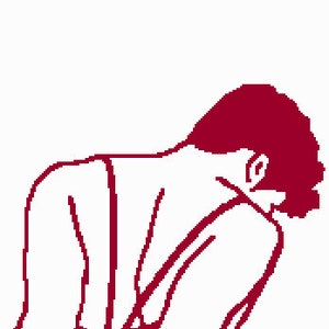 May include: A red line drawing of a person bowing deeply, with their head bent down and their arms folded in front of them.