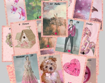 May include: A set of pink and white playing cards with floral designs and illustrations. The cards include a queen of hearts, jack of hearts, ace of spades, 10 of hearts, 8 of hearts, and a joker. The cards are arranged in a random order.