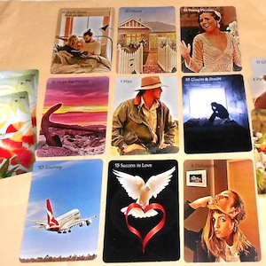 May include: A set of 10 tarot cards with colorful illustrations and text. The cards include "House", "Young Woman", "Hope gates", "Man", "Gloom & Doubt", "Journey", "Success in Love", "Dishonesty", "Older Woman", and "Gift".
