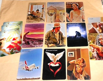 May include: A set of 10 tarot cards with colourful illustrations and text. The cards include "House", "Young Woman", "Hope gates", "Man", "Gloom & Doubt", "Journey", "Success in Love", "Dishonesty", "Older Woman", and "Gift".