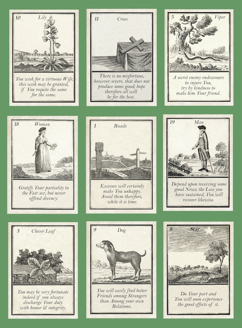 May include: A vintage set of fortune telling cards with illustrations and text. The cards are green with white borders and feature images of a lily, a cross, a viper, a woman, roads, a man, a clover leaf, a dog, and a star.