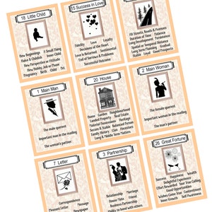 May include: A set of 10 tarot cards with black and white illustrations on a peach background. The cards feature numbers and titles such as "Little Child", "Success in Love", "Long Way", "Main Man", "House", "Main Woman", "Letter", "Partnership", and "Great Fortune".