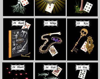 May include: Nine tarot cards with black backgrounds and white borders. Each card features a skeletal image, a playing card, and a number. The cards are numbered 5, 11, 14, 24, 26, 31, 33, 34, and 36. The cards depict a tree, a whip, a fox, a heart, a book, a sun, a key, a fish, and a cross.