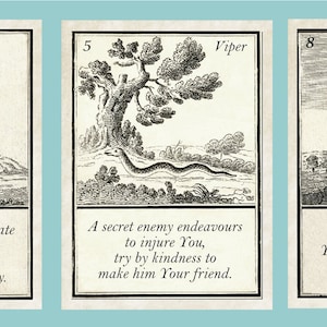 May include: Three vintage fortune telling cards with black and white illustrations. The first card shows a clover leaf and the text "You may be very fortunate indeed if you always discharge Your duty with honor & integrity.". The second card shows a snake and the text "A secret enemy endeavours to injure You, try by kindness to make him Your friend.". The third card shows a star and the text "Do Your part and You will soon experience the good effects of it."