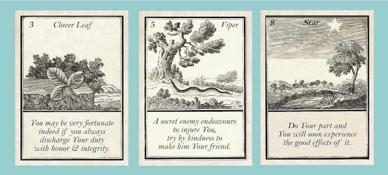 May include: Three vintage fortune telling cards with black and white illustrations. The first card shows a clover leaf and the text "You may be very fortunate indeed if you always discharge Your duty with honor & integrity.". The second card shows a snake and the text "A secret enemy endeavours to injure You, try by kindness to make him Your friend.". The third card shows a star and the text "Do Your part and You will soon experience the good effects of it."
