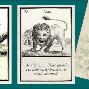 May include: Two vintage cards with black and white illustrations of a bird and a lion. The bird card says "You are very happy, but Love entirely swayed by Passion will render you very Unhappy." The lion card says "Be always on Your guard; He who easily believes, is easily deceived."