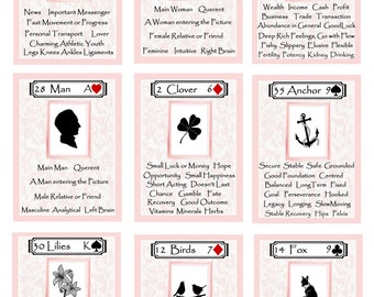 Può includere: Un set di 10 carte dei tarocchi con sfondi rosa e bianchi. Ogni carta presenta un'immagine di silhouette nera e un testo che descrive il significato della carta. Le carte sono numerate da 1 a 14 e includono Cavaliere, Donna, Pesce, Uomo, Gigli, Trifoglio, Uccelli, Ancora e Volpe.