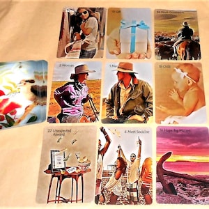 May include: A set of 10 cards with colorful illustrations and text. The cards feature images of a woman, a man, a child, a gift, a sunset, a group of people, and a work occupation. The text on the cards includes the words "Woman", "Man", "Child", "Gift", "Hope Big Waters", "Meet Socialise", "Work Occupation", "Unexpected Reward", and "Tips".