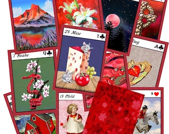 May include: A spread of red and black playing cards with illustrations of a mountain, lilies, a moon, a cross, mice, a snake, a child, a fish, a ring, and a horse rider. The cards are laid out on a red background with a floral pattern.
