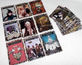 May include: A set of steampunk tarot cards with illustrations of various scenes and characters. The cards are numbered and have titles such as "Partnership", "Good News", "Abundance", "Success in Love", and "Court House".