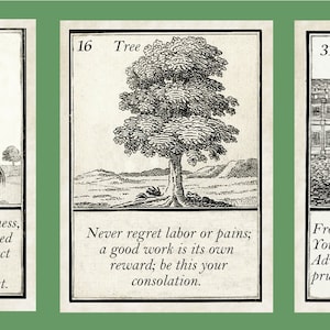 May include: Three vintage cards with black and white illustrations and text. The first card shows a rider on horseback with the number 20 and the word "Rider" at the top. The second card shows a tree with the number 16 and the word "Tree" at the top. The third card shows a house with the number 31 and the word "House" at the top.