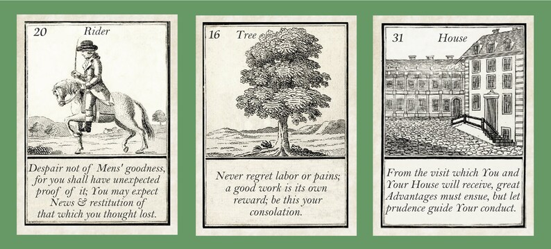 May include: Three vintage cards with black and white illustrations and text. The first card shows a rider on horseback with the number 20 and the word "Rider" at the top. The second card shows a tree with the number 16 and the word "Tree" at the top. The third card shows a house with the number 31 and the word "House" at the top.