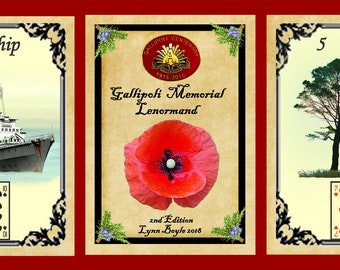 May include: Three cards from the Gallipoli Memorial Lenormand deck. The first card is the Ship card, numbered 3, and depicts a grey ship on a blue sea. The second card is the Poppy card, and depicts a red poppy flower. The third card is the Tree card, numbered 5, and depicts a green tree with a brown trunk.