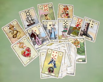 Puede incluir: Una baraja de cartas de tarot de estilo vintage con varias ilustraciones. Las cartas presentan imágenes de un barco, un perro, una mujer, una torre y otras figuras. Las cartas están dispuestas sobre un fondo verde claro.