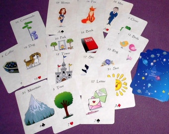 May include: A collection of cards with illustrations and numbers. The cards are on a purple surface. The cards include images of a woman, a fox, a man, a clover, a park, a book, a dog, a tower, a mountain, a tree, a ring, a sun, birds, a letter, a coffin, a crossroads, and a star.