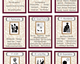 May include: A set of 10 tarot cards with black and white illustrations and text. The cards are numbered 1, 3, 7, 11, 17, 26, 28, 33, and 35. The cards are set against a beige background with a floral pattern.