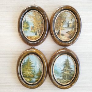 Set of 4 Small Oil Painting / Norwegian Forest / Nature / Oval Wall Hanging / Decor