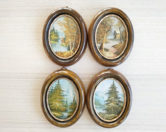 Set van 4 kleine olieverfschilderijen / Noors bos / natuur / ovale wanddecoratie / decoratie