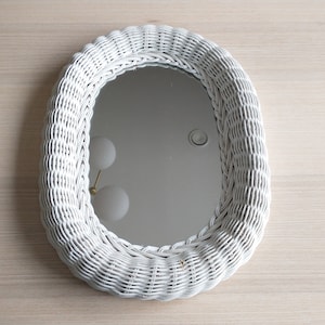 Romantic White Rattan Mirror / Wicker Mirror / Oval Mirror / Vintage Ornament