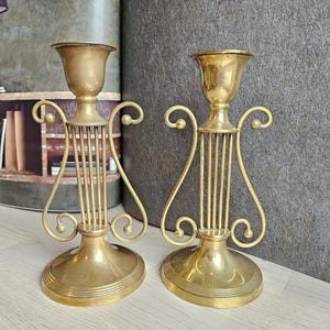 Pair Stunning Brass Harp Candlestick Holders/Wedding Gift