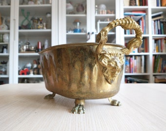 Oval Handled Brass Planter / Lion Brass Flower Pot / Jardiniere / Antique Ornament