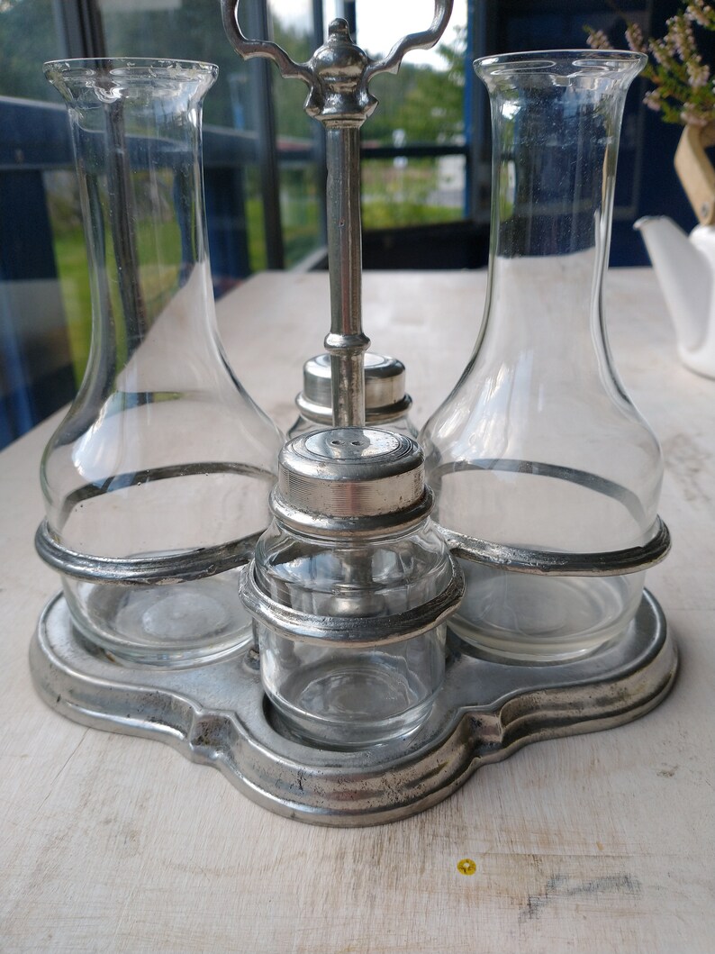 Antique Cruet Set Solid Pewter Stand Table Decor Wedding Etsy