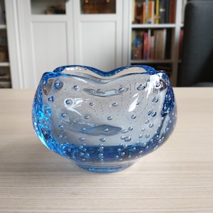 Italian Murano Blue Bubble Glass Ashtray / Tealight Holder / Mid-century Glass