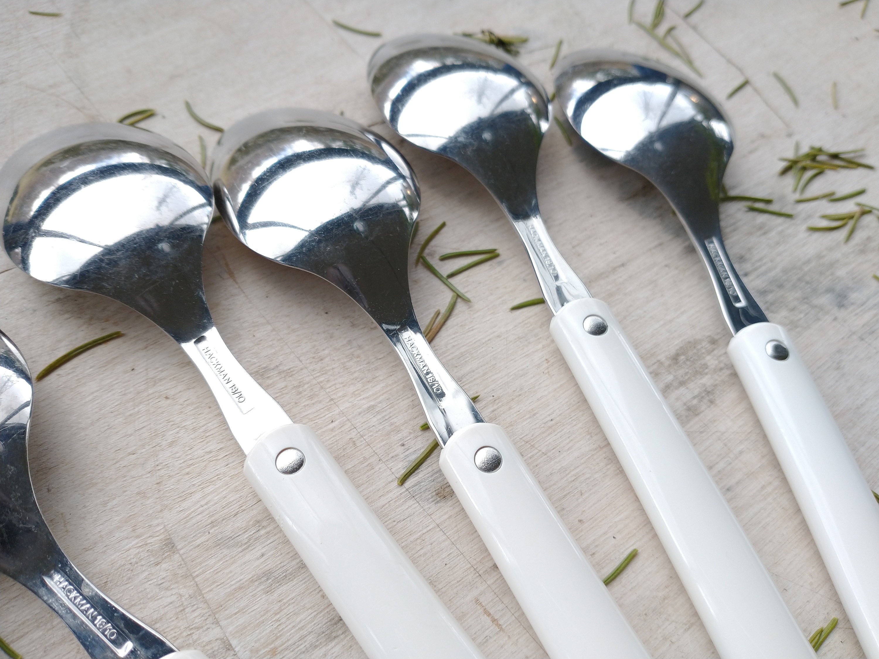 Set of 6 Hackman Finland White Dessert Spoon/mid-century
