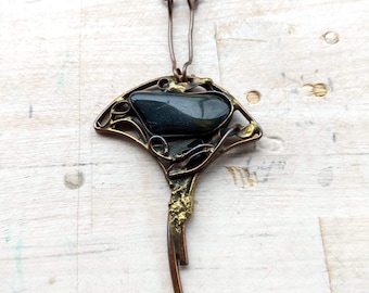 Unique Scandinavian Modernist Necklace, Black Stone, Mid-century Jewelry
