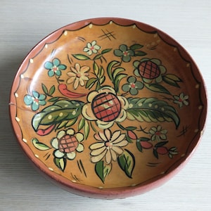 Größere handgearbeitete Norwegische Volkskunst / Servierschüssel / Rosemaling / Cabochon und Hütte