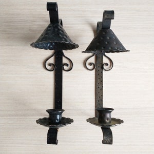 Pair Rustic Primitive Wrought Iron Candle Sconces, Black, Lodge, Man Cave, Ornaments