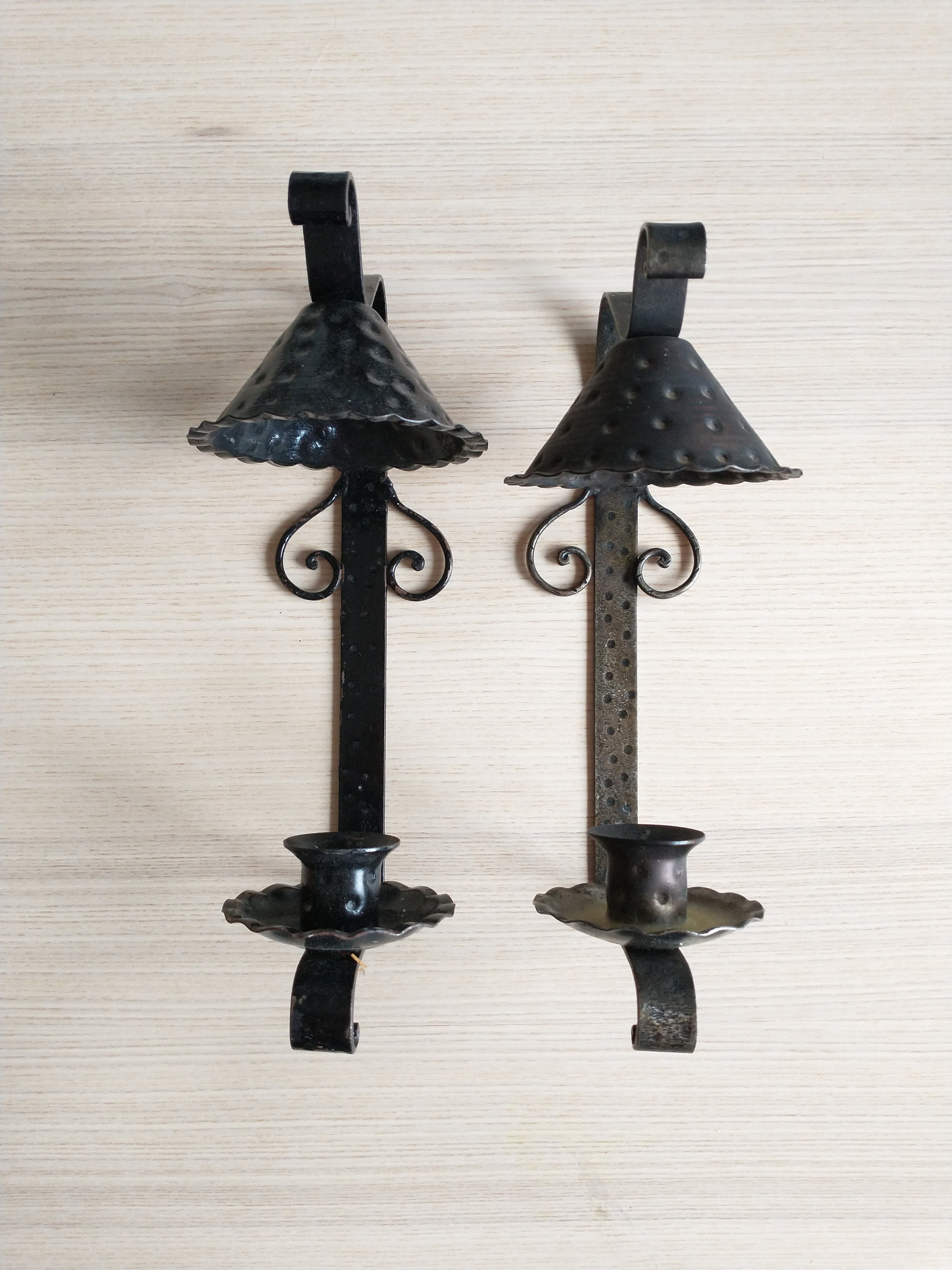 Pair Rustic Primitive Wrought Iron Candle Sconces, Black, Lodge